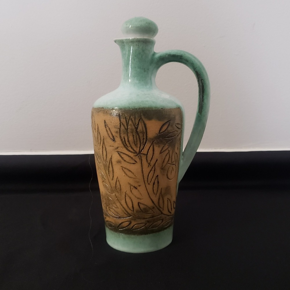 Handmade Studio Art Pottery Oil Cruet Liquid Dispenser With Lid Signed Incised